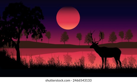 Silhouette Deer in the forest on sunset background, Illustration vector nature