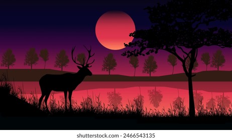 Silhouette Deer in the forest on sunset background, Illustration vector nature