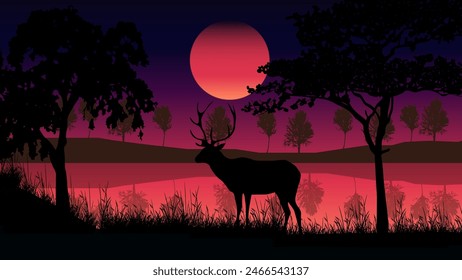 Silhouette Deer in the forest on sunset background, Illustration vector nature