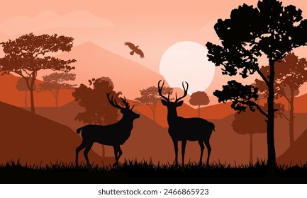 Silhouette Deer in the forest on sunset background, Illustration vector nature