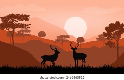 Silhouette Deer in the forest on sunset background, Illustration vector nature