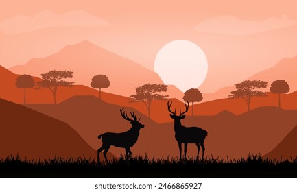 Silhouette Deer in the forest on sunset background, Illustration vector nature