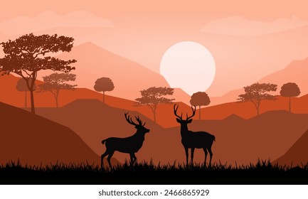 Silhouette Deer in the forest on sunset background, Illustration vector nature