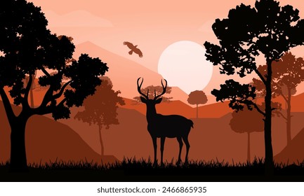 Silhouette Deer in the forest on sunset background, Illustration vector nature