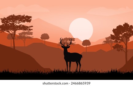 Silhouette Deer in the forest on sunset background, Illustration vector nature