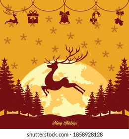 Silhouette of a deer in a forest with pine trees with the moon 