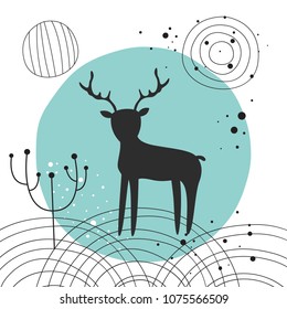 Silhouette of a deer in the forest. Vector illustration in Scandinavian style. Cute print, background
