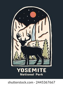 Silueta de ciervo frente a las cataratas de yosemite diseño de Vector vintage