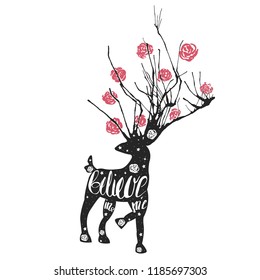 Silhouette of a deer with great horns with flowers on a white background.