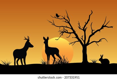 Silhouette of deer, hare and bird at sunset