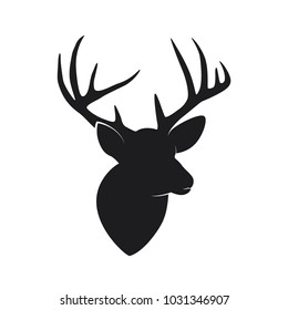 Silhouette of deer head with antlers isolated on white background