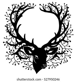 Silhouette of deer head with branches of berries around large fantasy horns isolated on white background. Art vector illustration. Can be used as decorative frame.