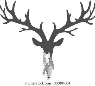 Silhouette of a deer head. Inside the silhouette of drawn forest. black and white, vector illustration
