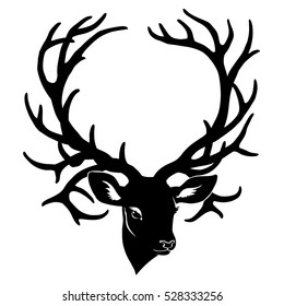 Silhouette of deer head with large fantasy horns isolated on white background. Art vector illustration.