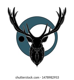 Silhouette of a deer (head) on background with circles. Vector.