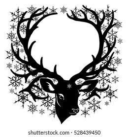 Silhouette of deer head with snowflakes around large fantasy horns isolated on white background. Art vector illustration. Can be used as decorative frame.