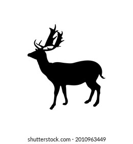 The silhouette of a deer with horns is a wild animal of the family of artiodactyl mammals on a white background. A vector image.