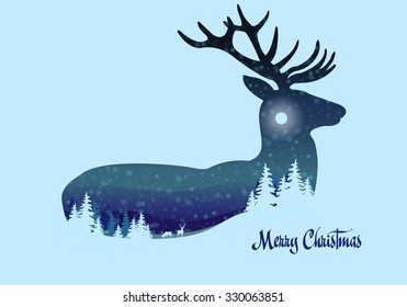 silhouette of a deer. Inside the forest, vector Christmas card