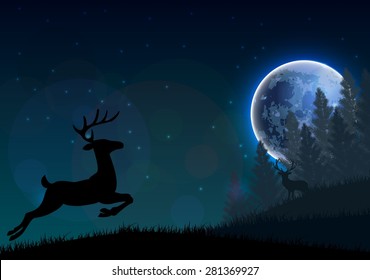 Silhouette of a deer jumping on a hill at night. Vector