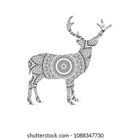 Silhouette of deer with king`s circular ornament.  Zentagle art.
