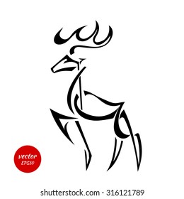 Silhouette of deer with large antlers isolated on white background. Male. Vector illustration.