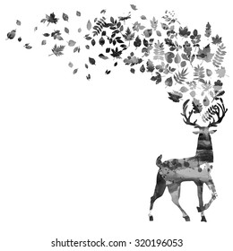 silhouette of a deer with leaves in autumn style