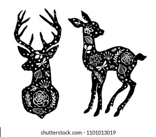 Silhouette of deer and little baby fawn with flower pattern. Hand drawn design elements. Vector illustration. Nursery scandinavian art.