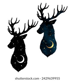 Silhouette of Deer magic animal with night sky with crescent moon gothic tattoo design isolated vector illustration