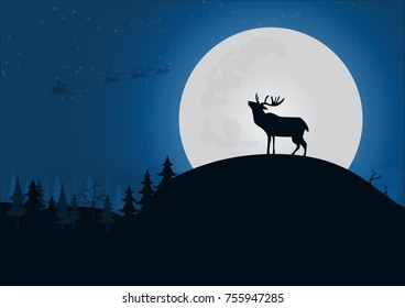 silhouette deer with moon light on the hill in forest winter season. Vector illustration christmas concept