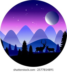 Silhouette of Deer in a Mystical Mountain Landscape with Moonlit Night Sky