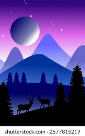 Silhouette of Deer in a Mystical Mountain Landscape with Moonlit Night Sky