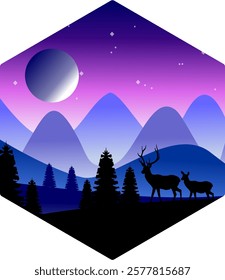 Silhouette of Deer in a Mystical Mountain Landscape with Moonlit Night Sky