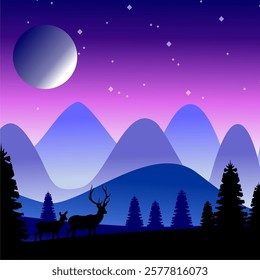 Silhouette of Deer in a Mystical Mountain Landscape with Moonlit Night Sky