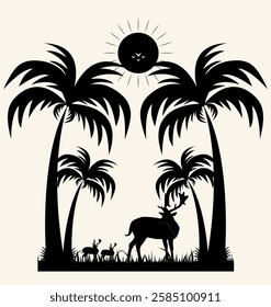 Silhouette deer in nature, natural view landscapes silhouette, with tree, sun, and grass illustrations