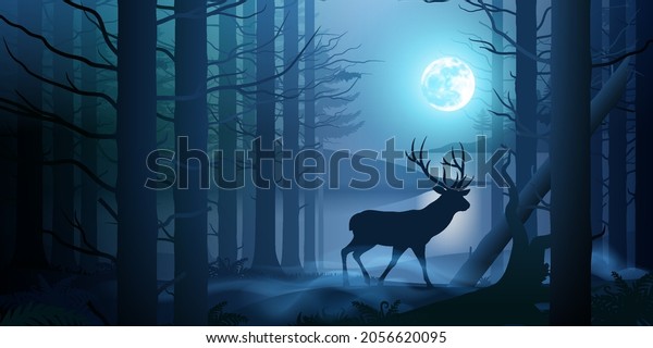 Silhouette of a Deer in Near a Trees at Foggy Night.
Illustration of Landscape with Wild Forest, Trees, Hills, and Lake
under Night Sky with Full
Moon