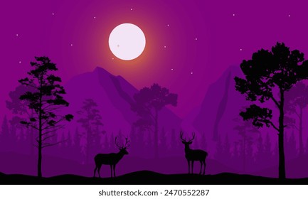 Silhouette of a deer at night in the forest with mountains, moon and stars