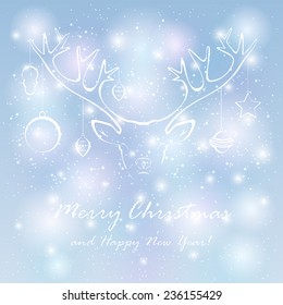 Silhouette of a deer on blue snowy background, illustration.