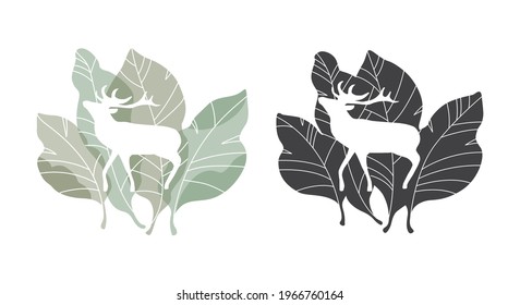 The silhouette of a deer on botanical composition backgrounds of stylized leaves. Vector illustration.