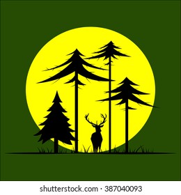 A silhouette of a deer on the forest background .Full moon in the forest. Vector illustration