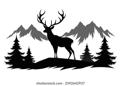 Silhouette Deer on the Mountain Landscape - Vector Illustration for Art and Design