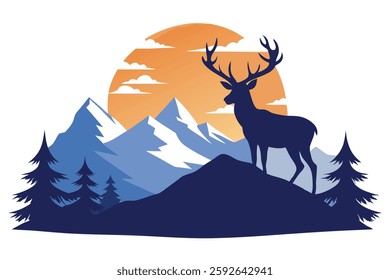 Silhouette Deer on the Mountain Landscape - Vector Illustration for Art and Design
