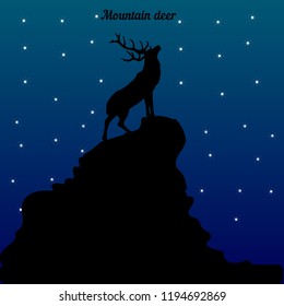 Silhouette of a deer on top of a mountain with a raised head, at night where the stars shine, vector