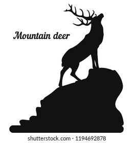 Silhouette of a deer on the top of a mountain, head raised up, on a white background, vector