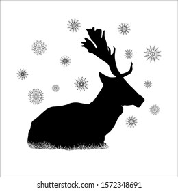 Silhouette of a deer on a white background with snowflakes 
All elements are isolated and can be used separately.
Holiday winter poster. Vector illustration