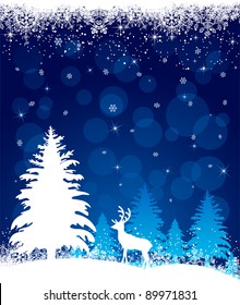 Silhouette of a deer on a winter forest background, illustration