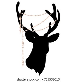 Silhouette of a deer. Pearl. Garland. Horns. Ornaments. Fashion. Animal. Vector illustration.