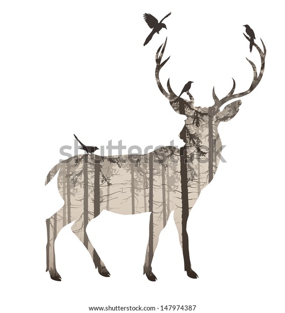 白い背景に松と鳥の鹿のシルエット 茶色の背景 ベクターイラスト のベクター画像素材 ロイヤリティフリー 147974387