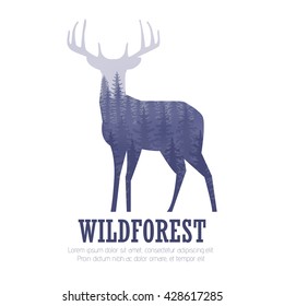 Silhouette of a deer with pine forest, blue and white colors background, vector illustration