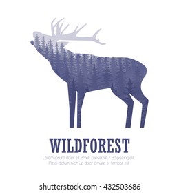 Silhouette of a deer with pine forest, blue and white colors background, vector illustration
