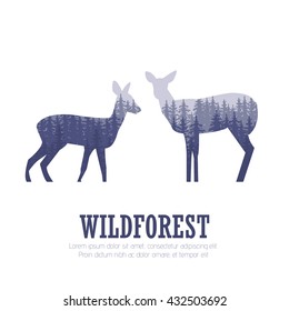 Silhouette of a deer with pine forest, blue and white colors background, vector illustration